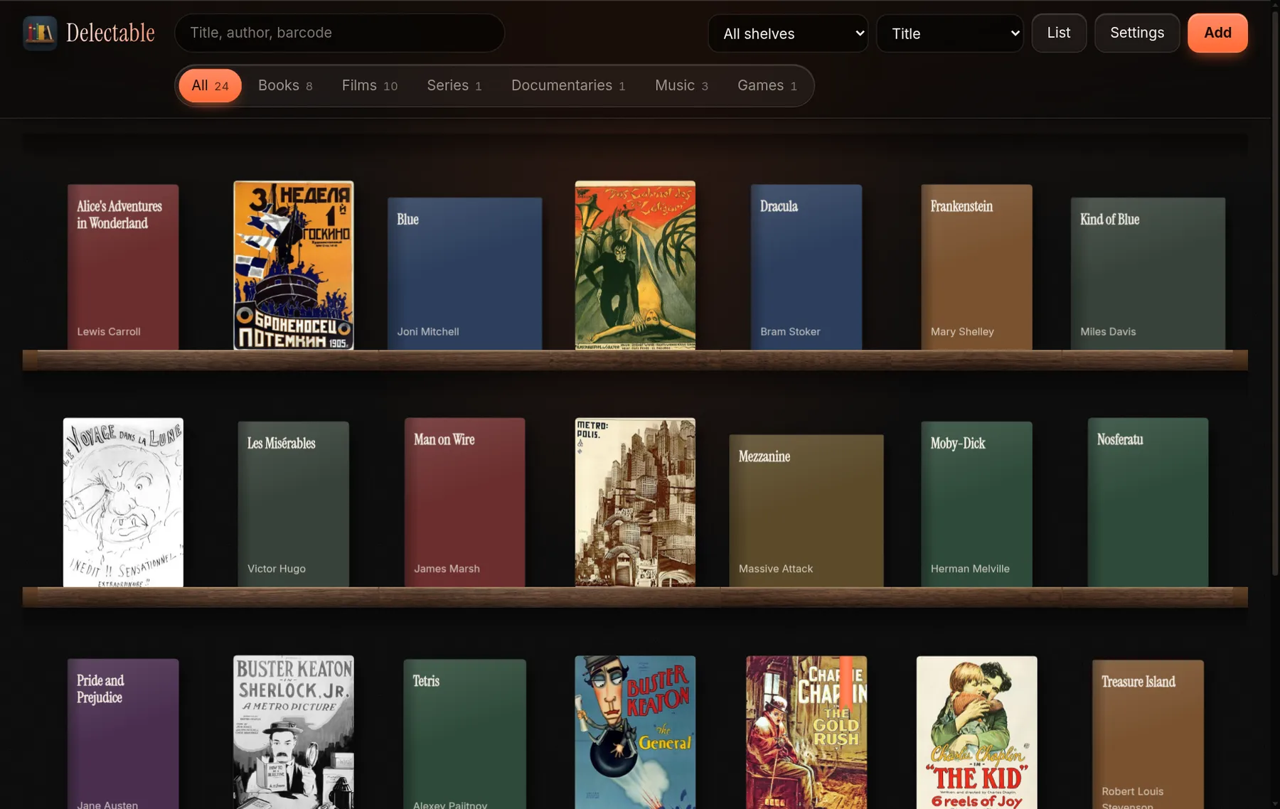 Delectable: shelves of film posters and cloth-bound book covers